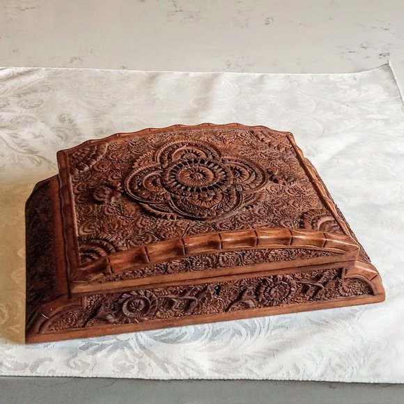 Vintage Solid Carved Wood Domed Lid Jewelry Box